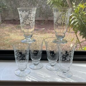 Etched Floral Leaf Iced Tea Parfait Footed Glasses Set of 6 Clear Formal 5.5"